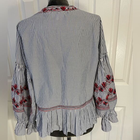 Mi Golondrina Hand Embroidered Striped Blouse Size Medium - Picture 2 of 11